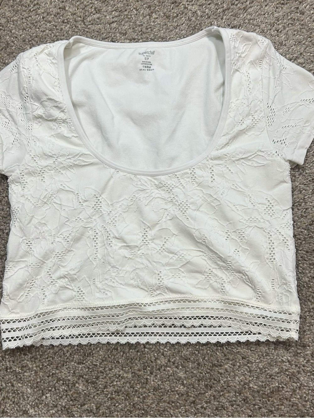 aerie White Lace Cropped Scoop Neck Tee